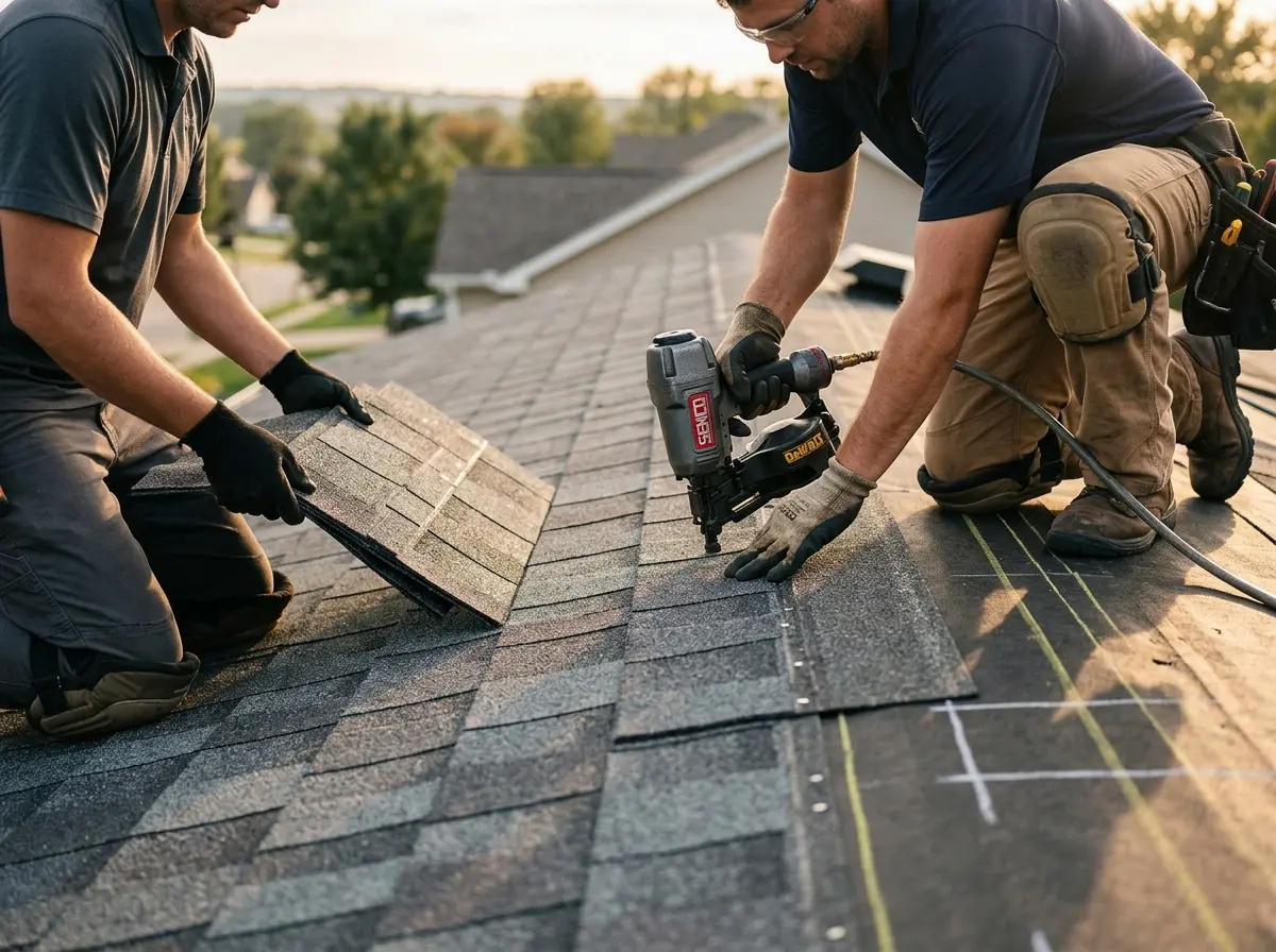Professional roofer working on a residential roof in Woburn